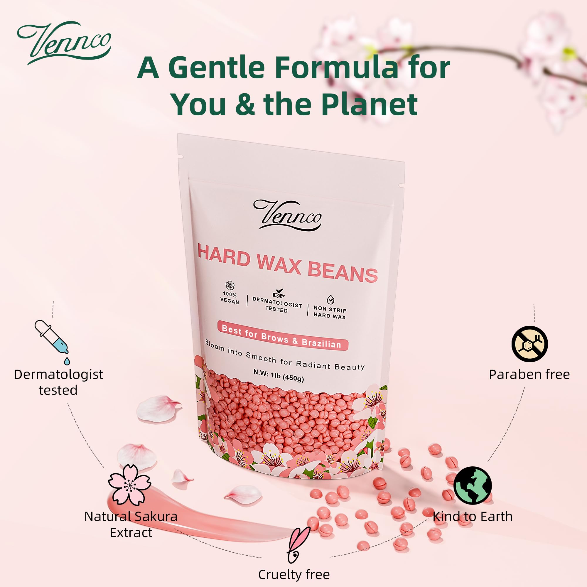 Vennco wax beads for facial-eyebrow waxing, skin-friendly formula for delicate areas