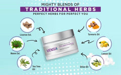 A jar of VENSIA cream highlights natural ingredients and gentle pigmentation care.