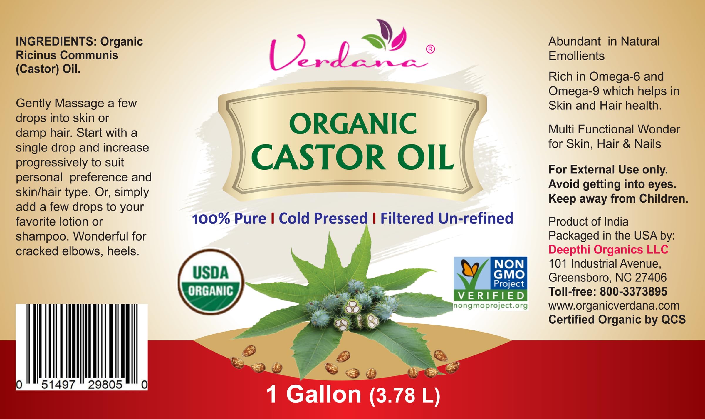 Verdana Organic Castor Oil 1-gallon jug for professional refills.