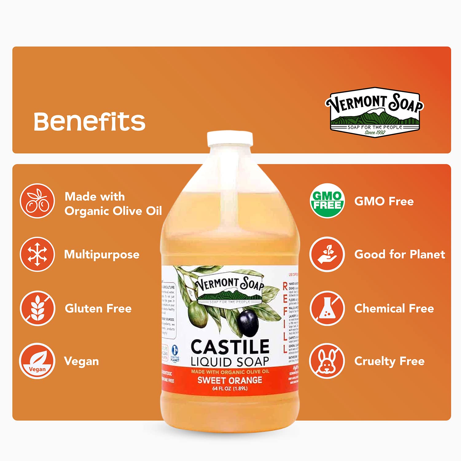 Closeup of Vermont Castile bottle showcasing eco-friendly packaging.