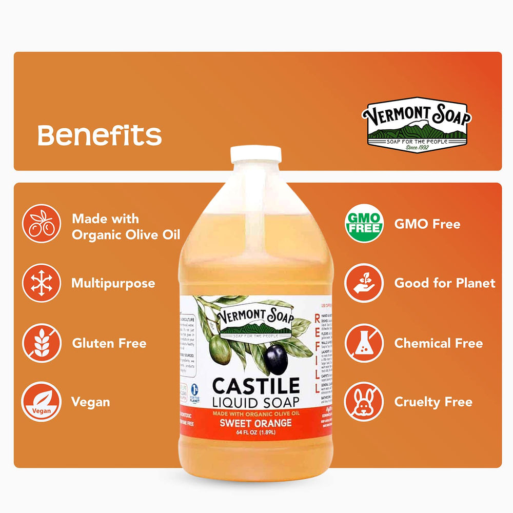 Closeup of Vermont Castile bottle showcasing eco-friendly packaging.