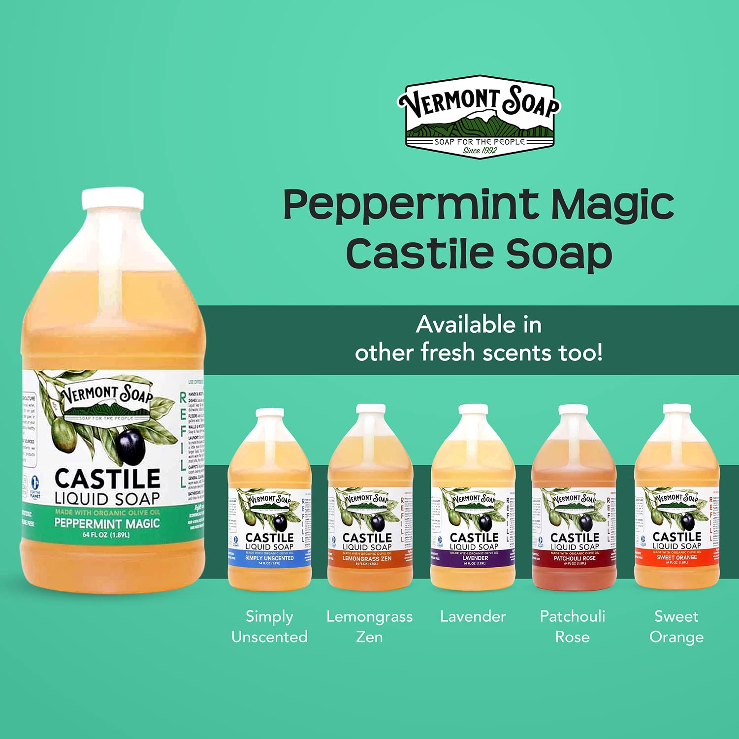 Cruelty-free vegan Vermont Castile Peppermint with no sulfates