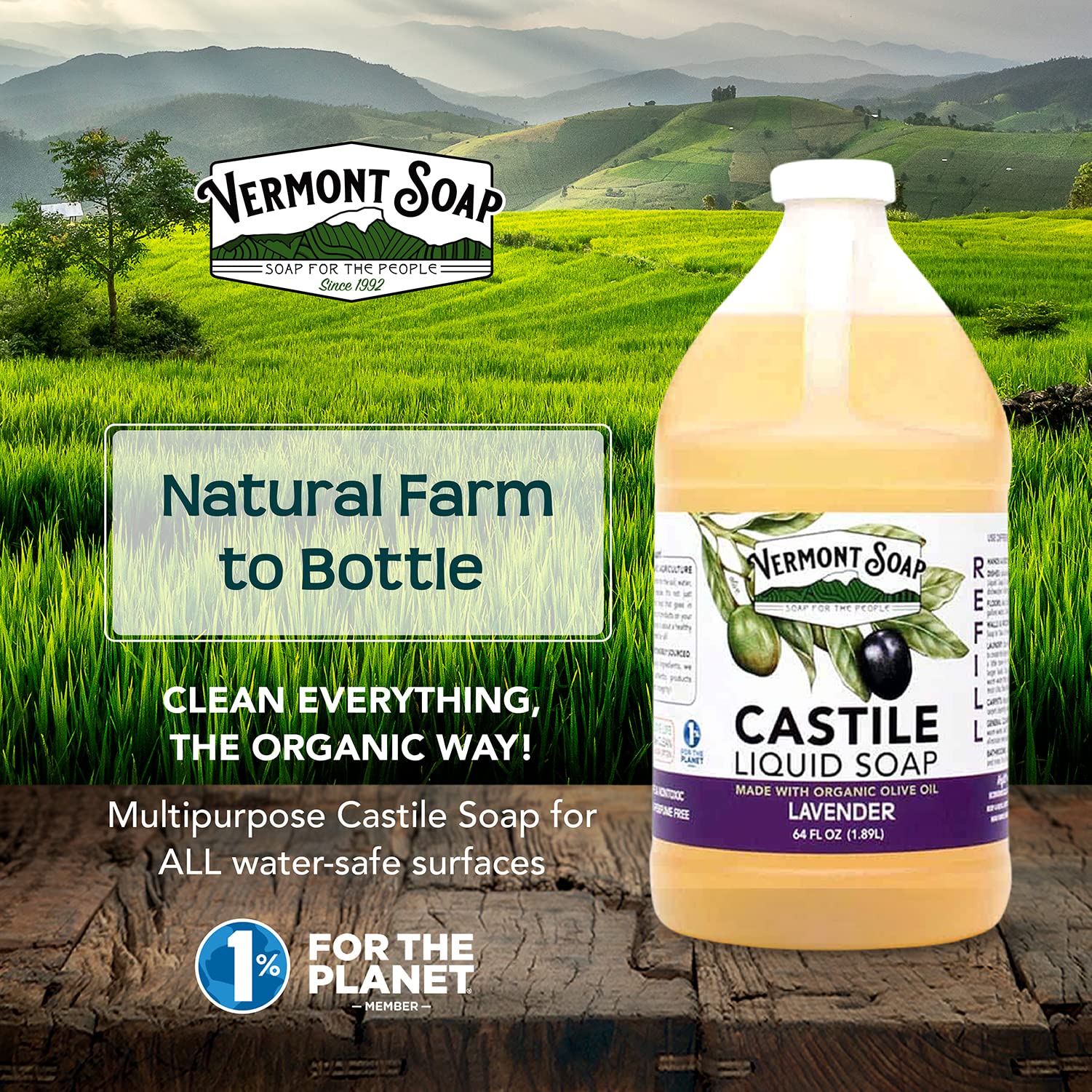 Vermont Soap lavender castile soap bottle highlighting organic ingredients.