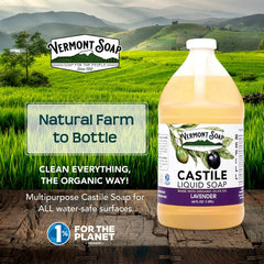 Vermont Soap lavender castile soap bottle highlighting organic ingredients.