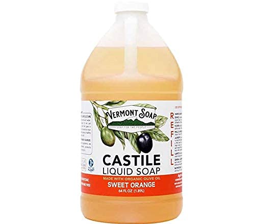 Vermont Soap orange castile bottle with 64oz, ideal for daily cleansing.