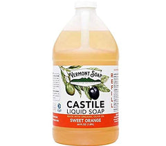Vermont Soap orange castile bottle with 64oz, ideal for daily cleansing.