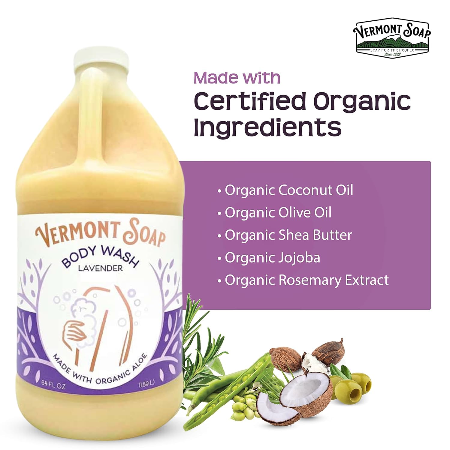 VERMONT SOAP USDA organic certification label highlighting farm-to-bottle sourcing