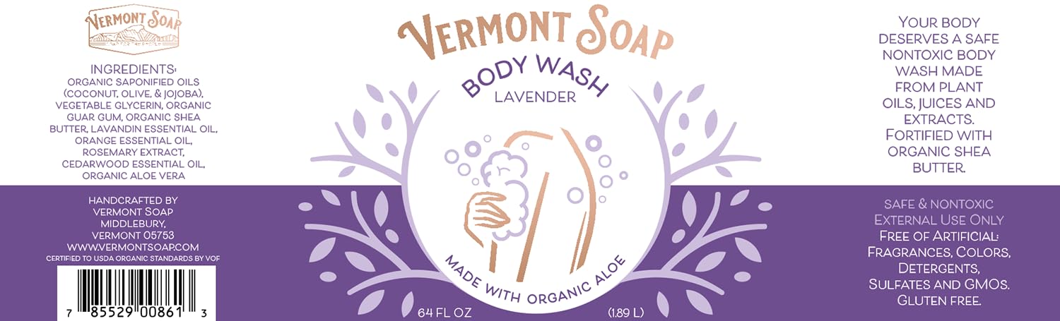Packaging image of the 64oz unscented Vermont Soap bottle for home use