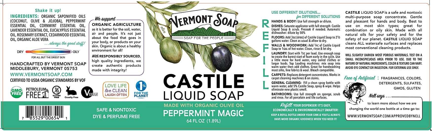 Peppermint castile soap pour showing multipurpose use as body wash and shampoo