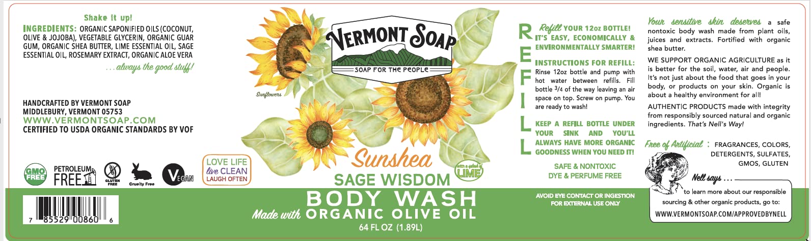 Closeup of Vermont Soap unscented bottle label and 64 oz packaging