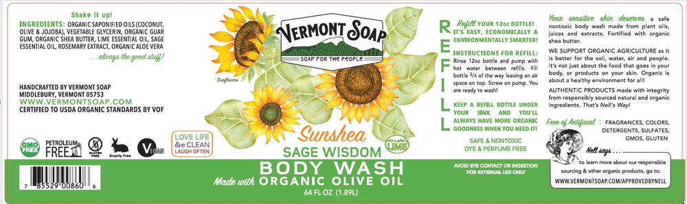 Closeup of Vermont Soap unscented bottle label and 64 oz packaging