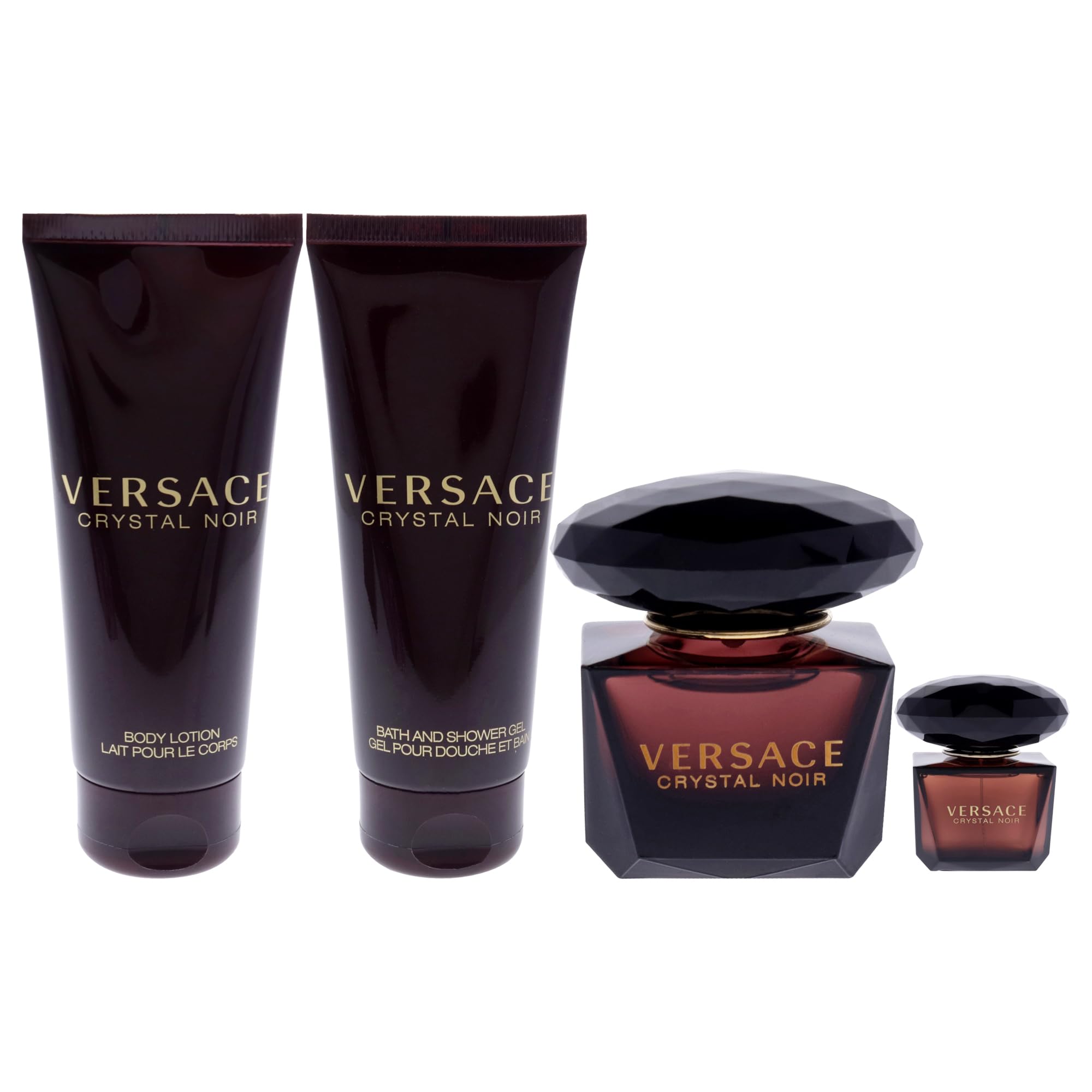 Versace Crystal Noir bath gel tube displayed for refreshing cleansing with fragrance.