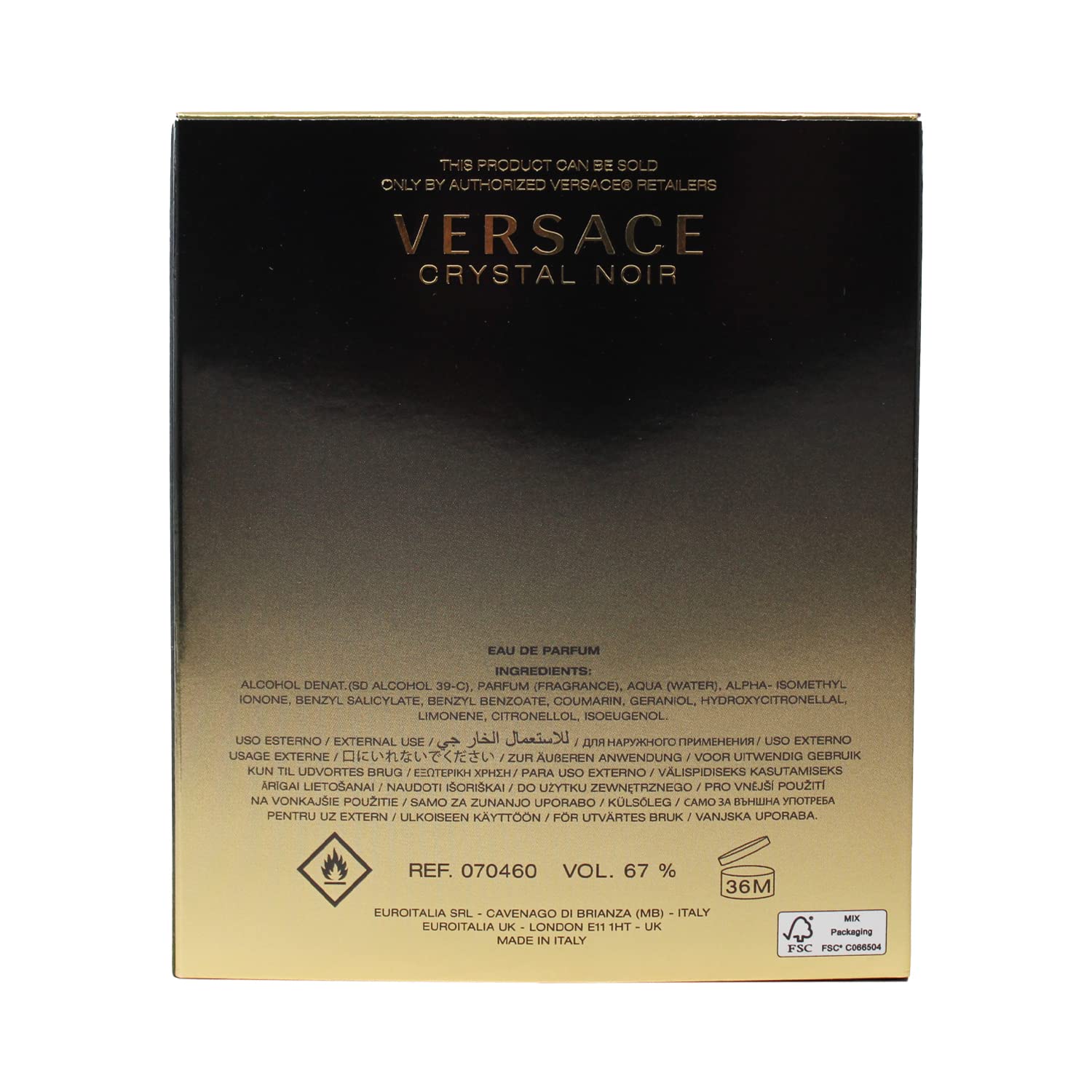 Versace Crystal Noir bottle side view with gold accents ideal for upscale events