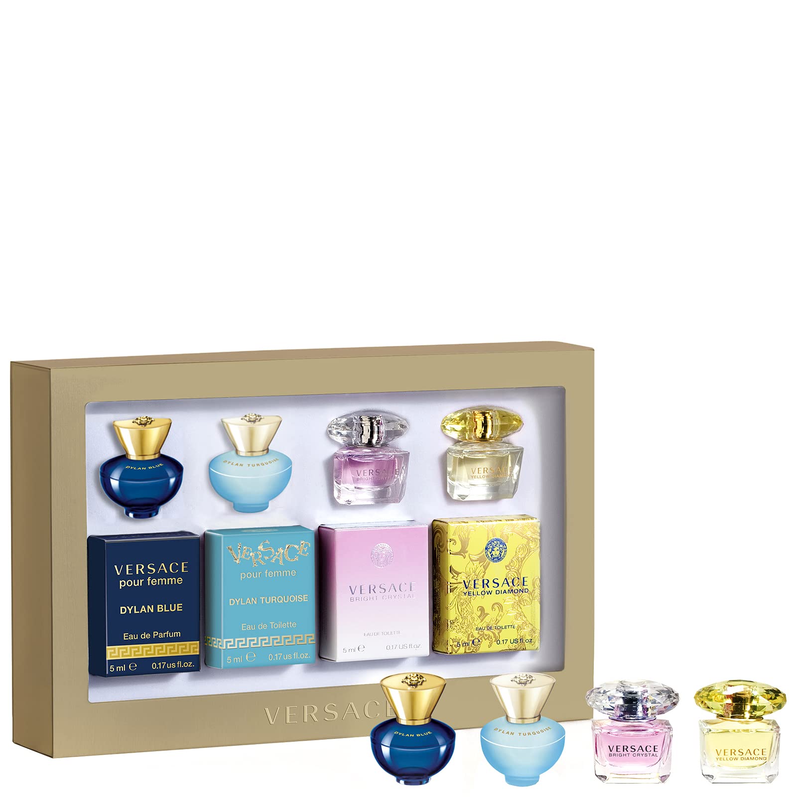 Versace Dylan Blue mini bottle with turquoise cap for everyday elegance.