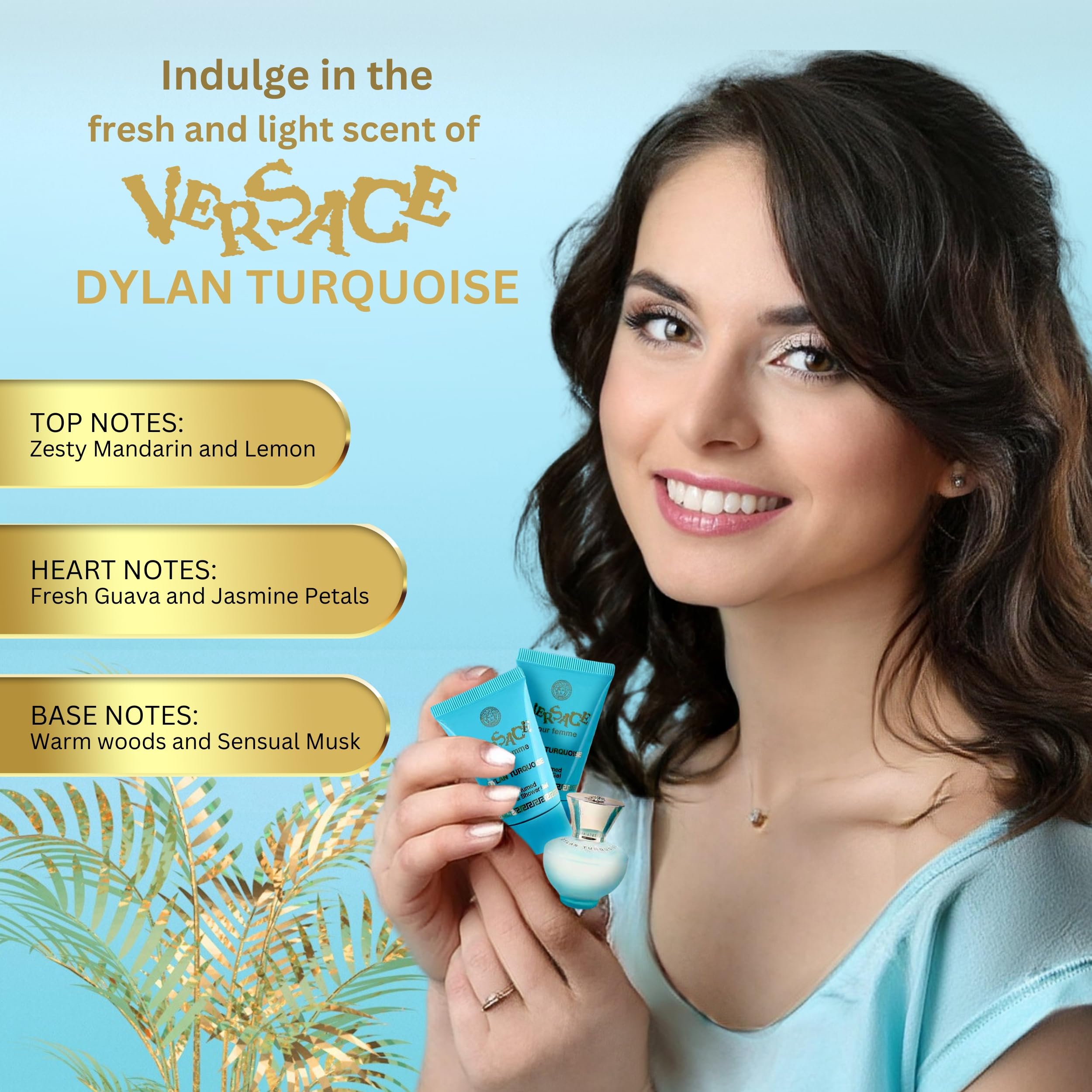 Versace Dylan Turquoise bottle close-up highlights sleek turquoise glass.