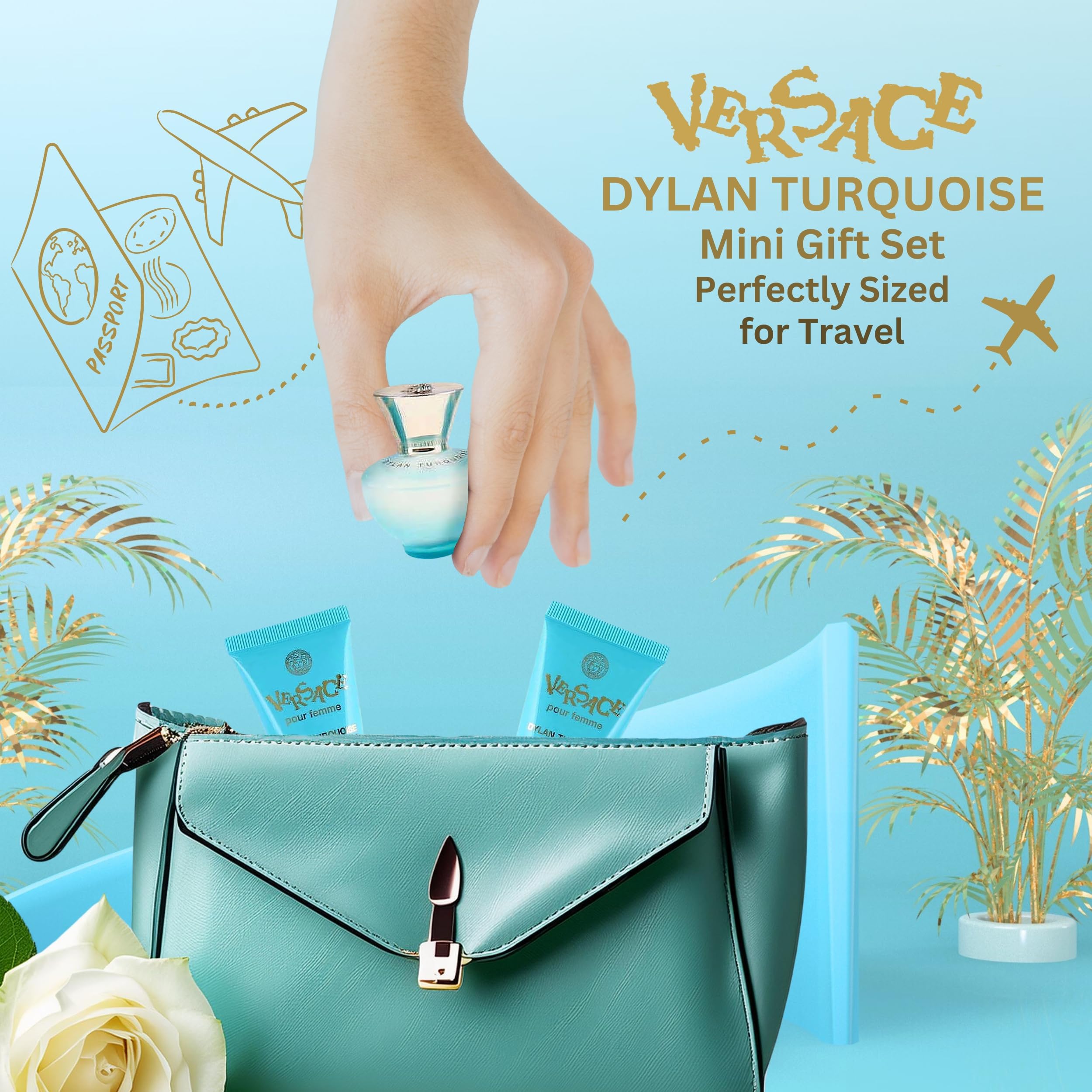 Versace Dylan Turquoise label detail showcasing premium branding and notes.