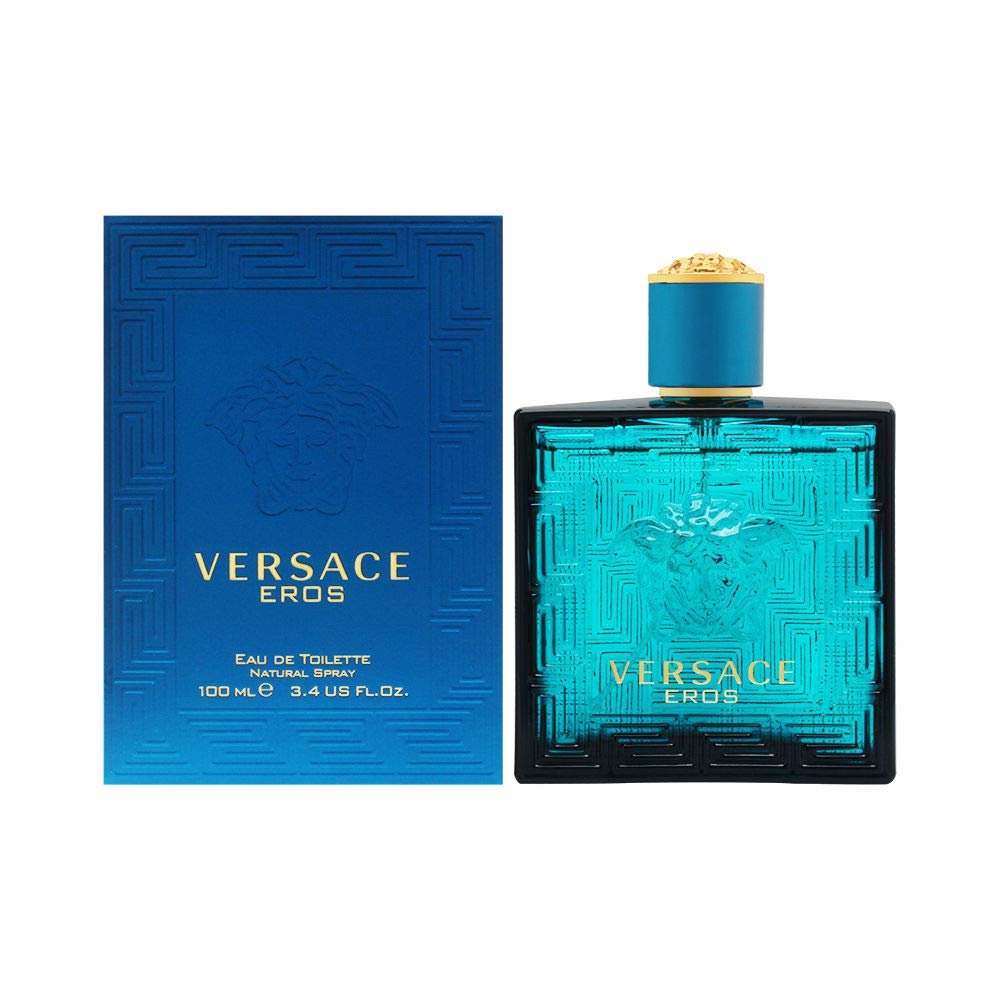 Versace Eros for Men bottle with Medusa head, a bold scent for confident evenings.