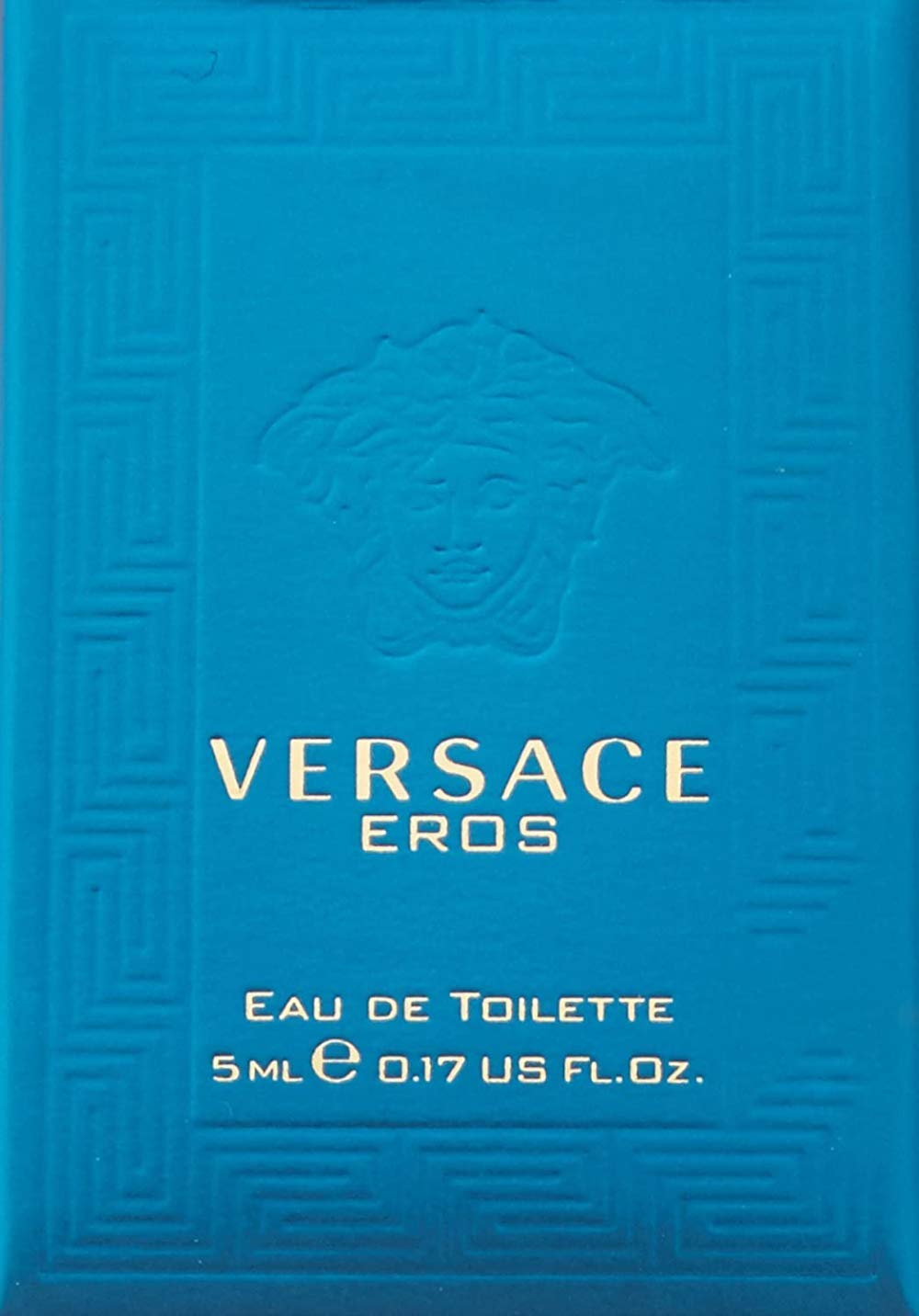 Close-up of Versace Eros mini EDT bottle, premium glass and logo.