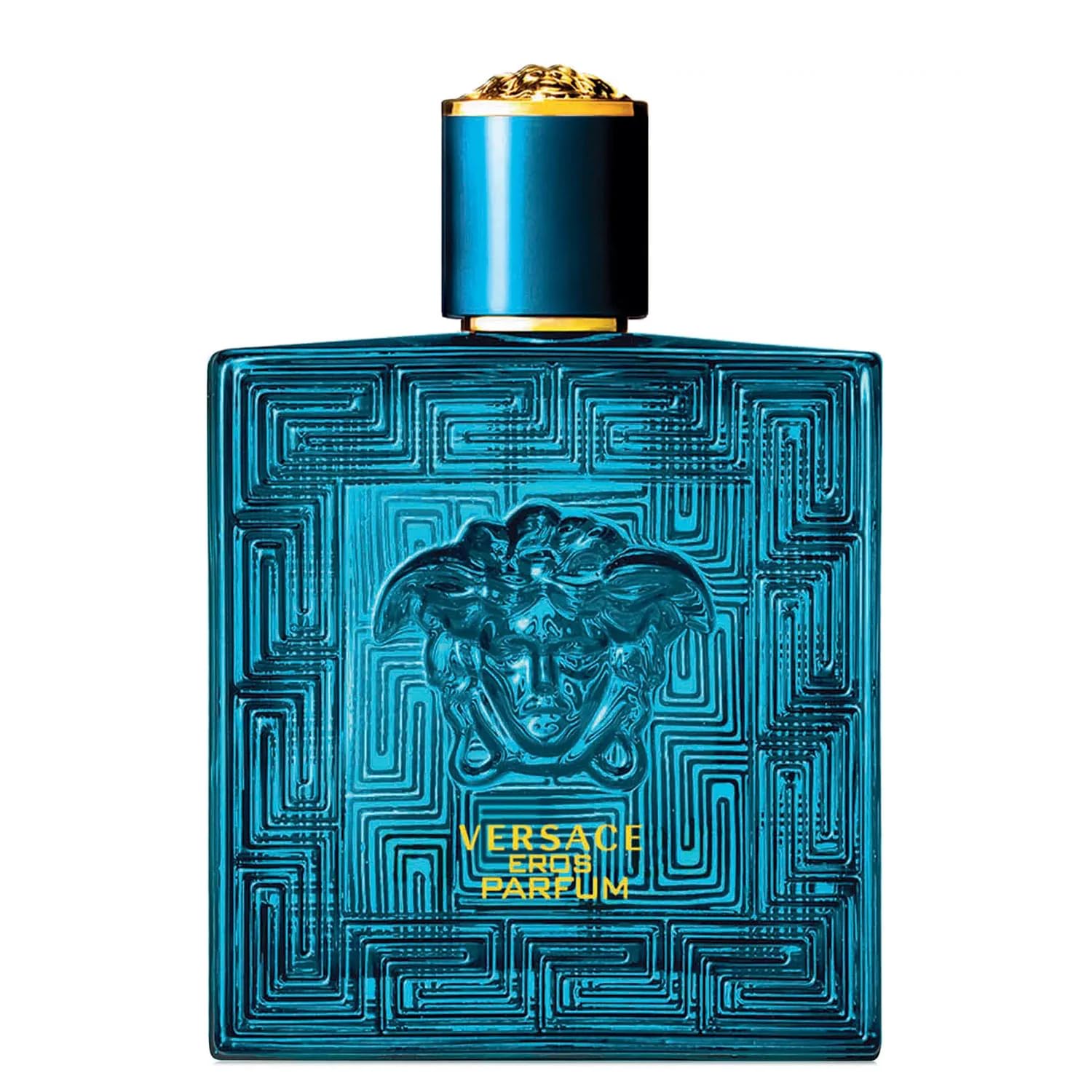Versace Eros Parfum bottle closeup conveys luxury and confidence for evening wear.
