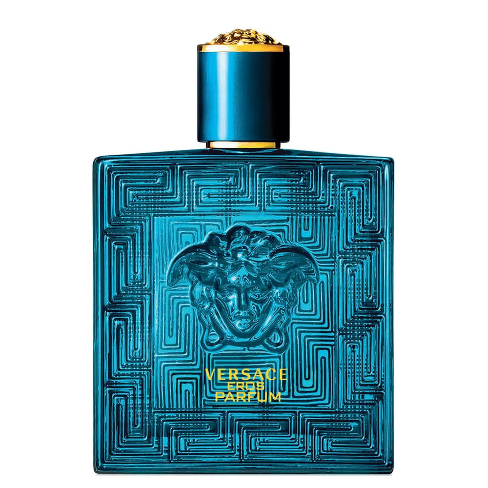 Versace Eros Parfum bottle closeup conveys luxury and confidence for evening wear.