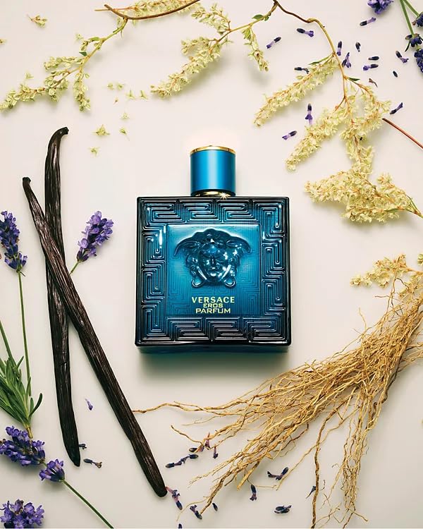 Versace Eros Parfum display with velvet backdrop suggests premium fragrance experience.