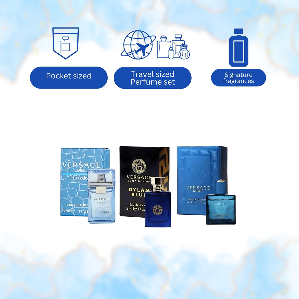 Versace miniature trio gift pack packaging with premium branding