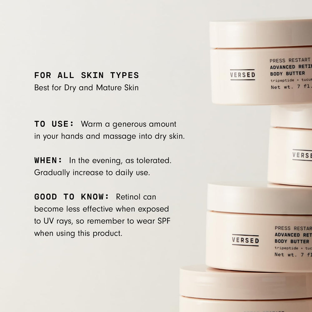 Versed Advanced Retinol Body Butter texture closeup reveals a whipped, luxurious formula