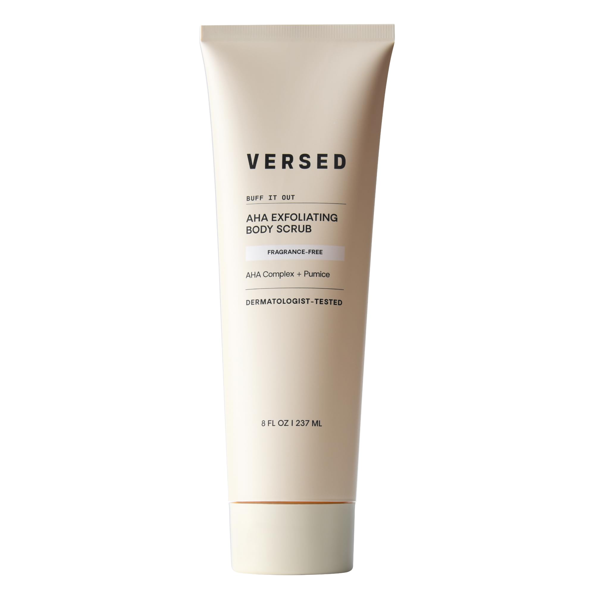 Versed Buff It Out bottle pour shows creamy exfoliating texture for gentle use.
