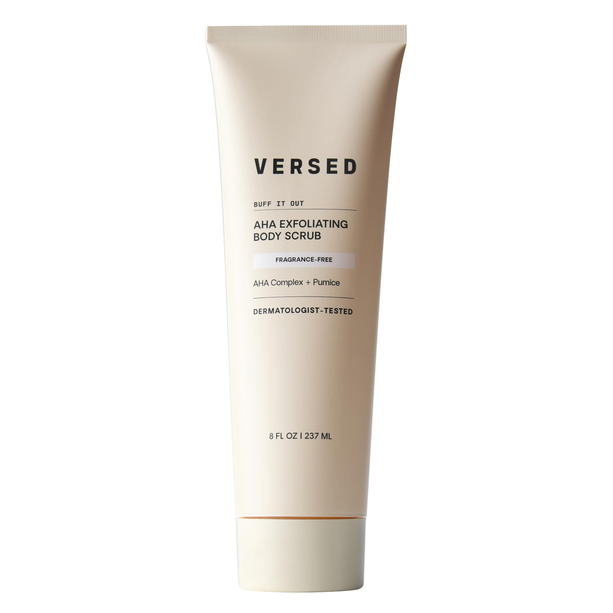 Versed Buff It Out bottle pour shows creamy exfoliating texture for gentle use.