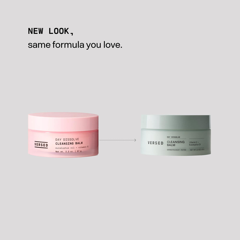 Versed Day Dissolve ingredients graphic with vitamin E and eucalyptus emphasis.