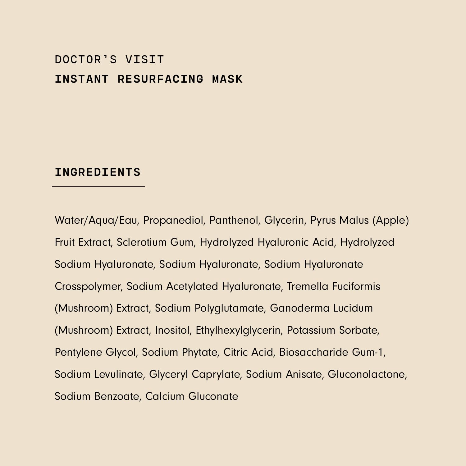 Versed Doctor's Visit mask packaging showing active ingredients list