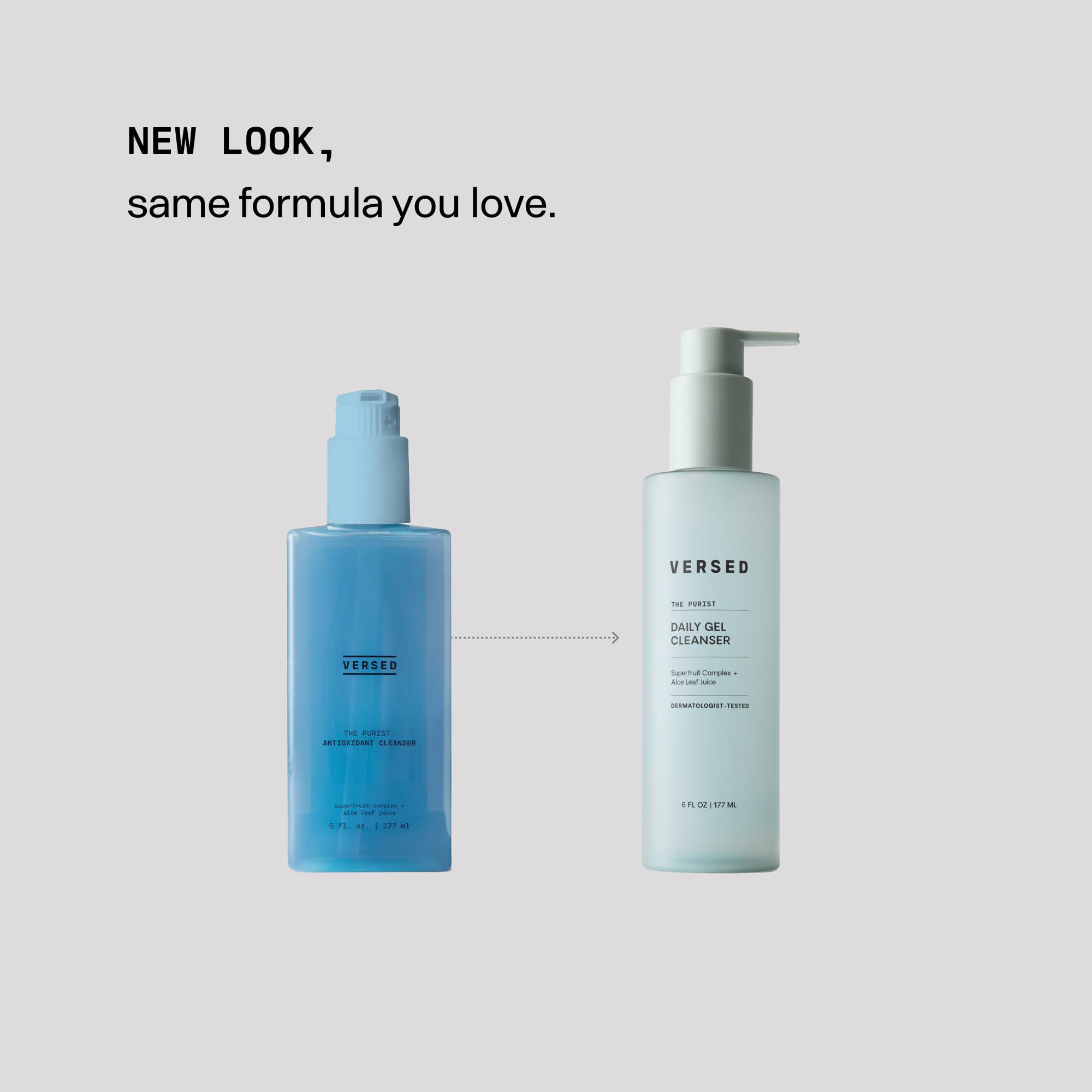 Versed Purist ingredients highlight antioxidant blueberry, raspberry, apple and cucumber extracts for conditioning.