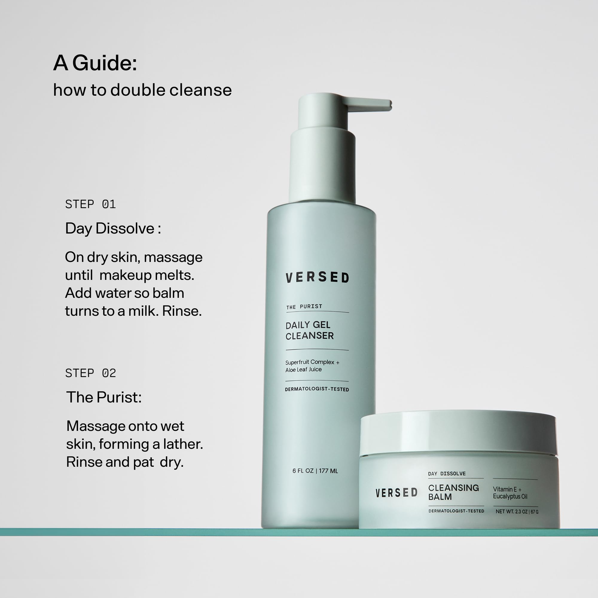 Versed Purist wash steps graphic illustrates a 60-second cleansing routine.