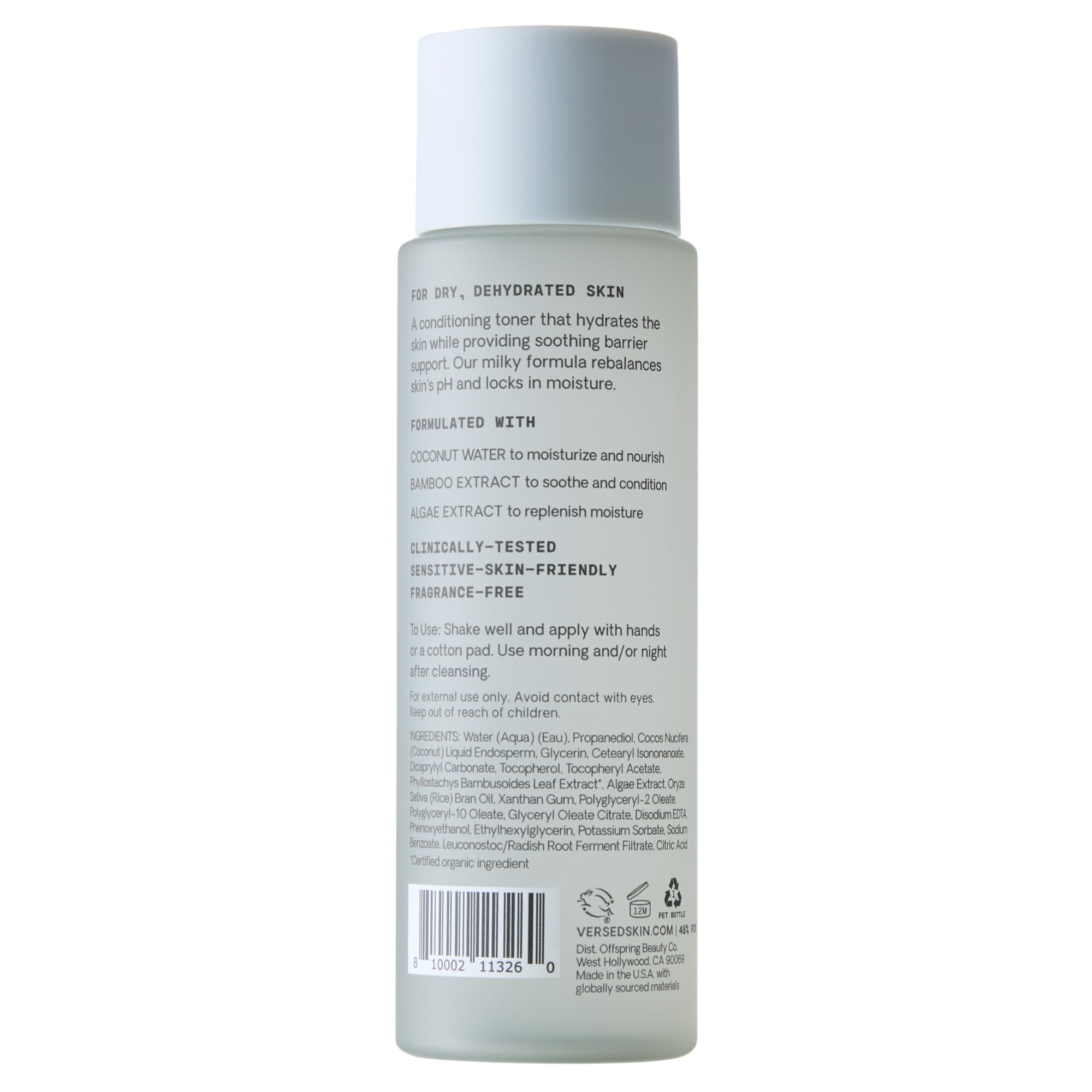 Versed Skin Soothe toner label closeup shows a clean, fragrance-free formula.