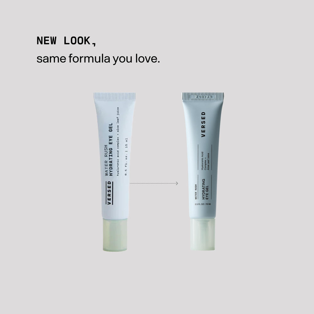 Close-up of Versed Water Rush Eye Gel being applied for fast absorption.