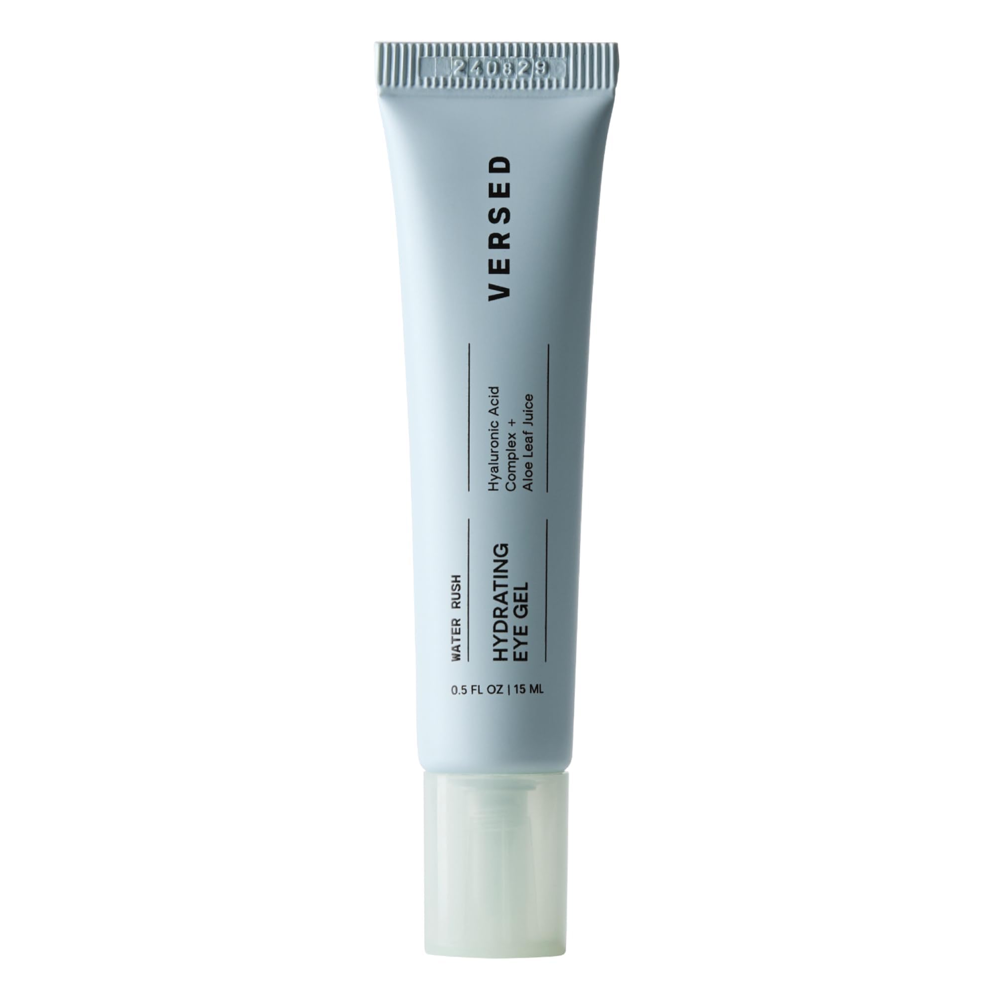 Versed Water Rush Eye Gel packaging close-up highlighting hydration benefits.
