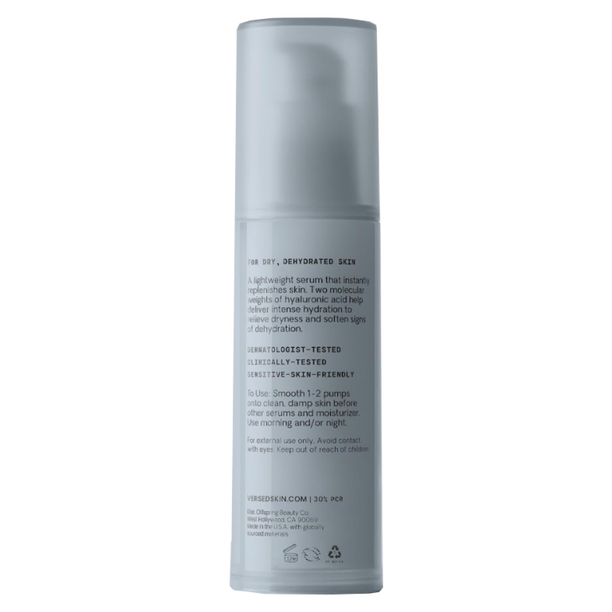 Versed Water Rush serum fragrance-free, dermatologist-tested formula shown on packaging.
