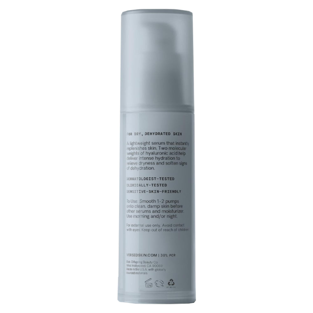 Versed Water Rush serum fragrance-free, dermatologist-tested formula shown on packaging.