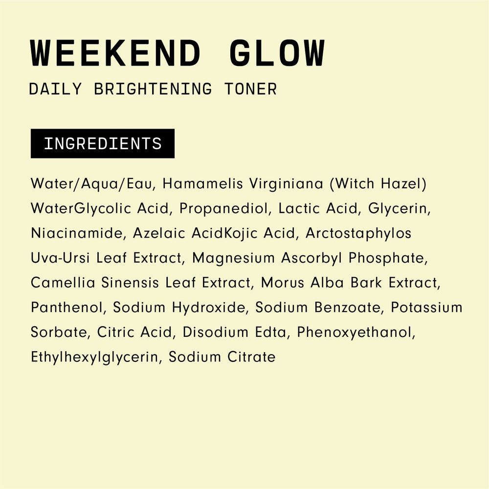 Versed Weekend Glow bottle beside skin showing improved brightness after use.