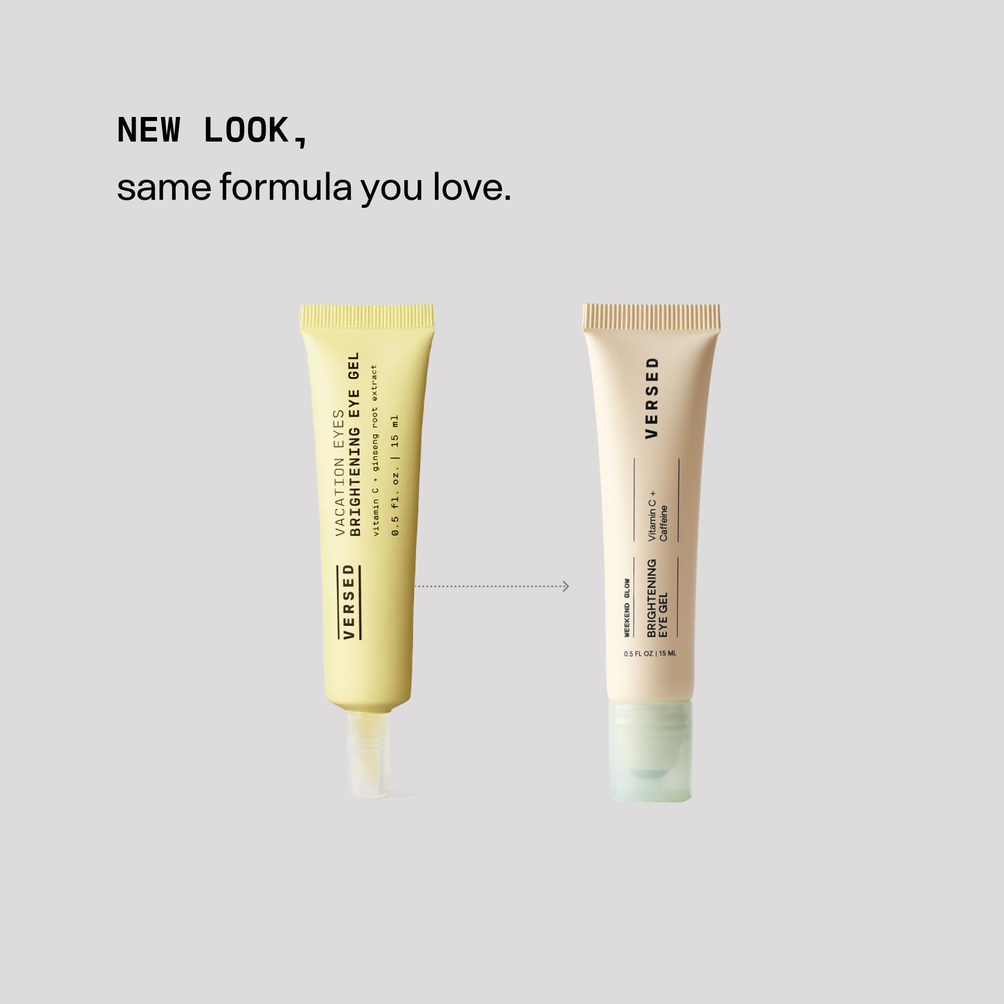 Bottle of Versed Weekend Glow Eye Gel highlights vitamin C brightening formula.