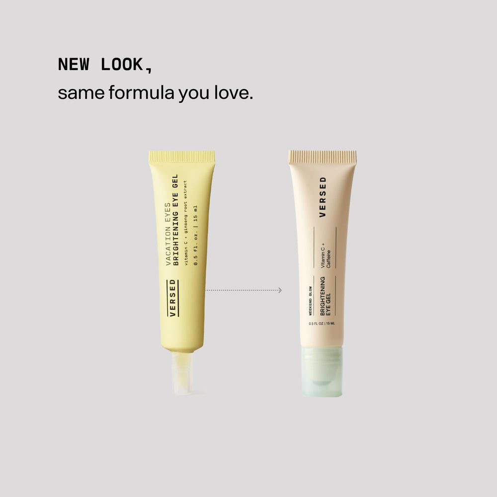 Bottle of Versed Weekend Glow Eye Gel highlights vitamin C brightening formula.