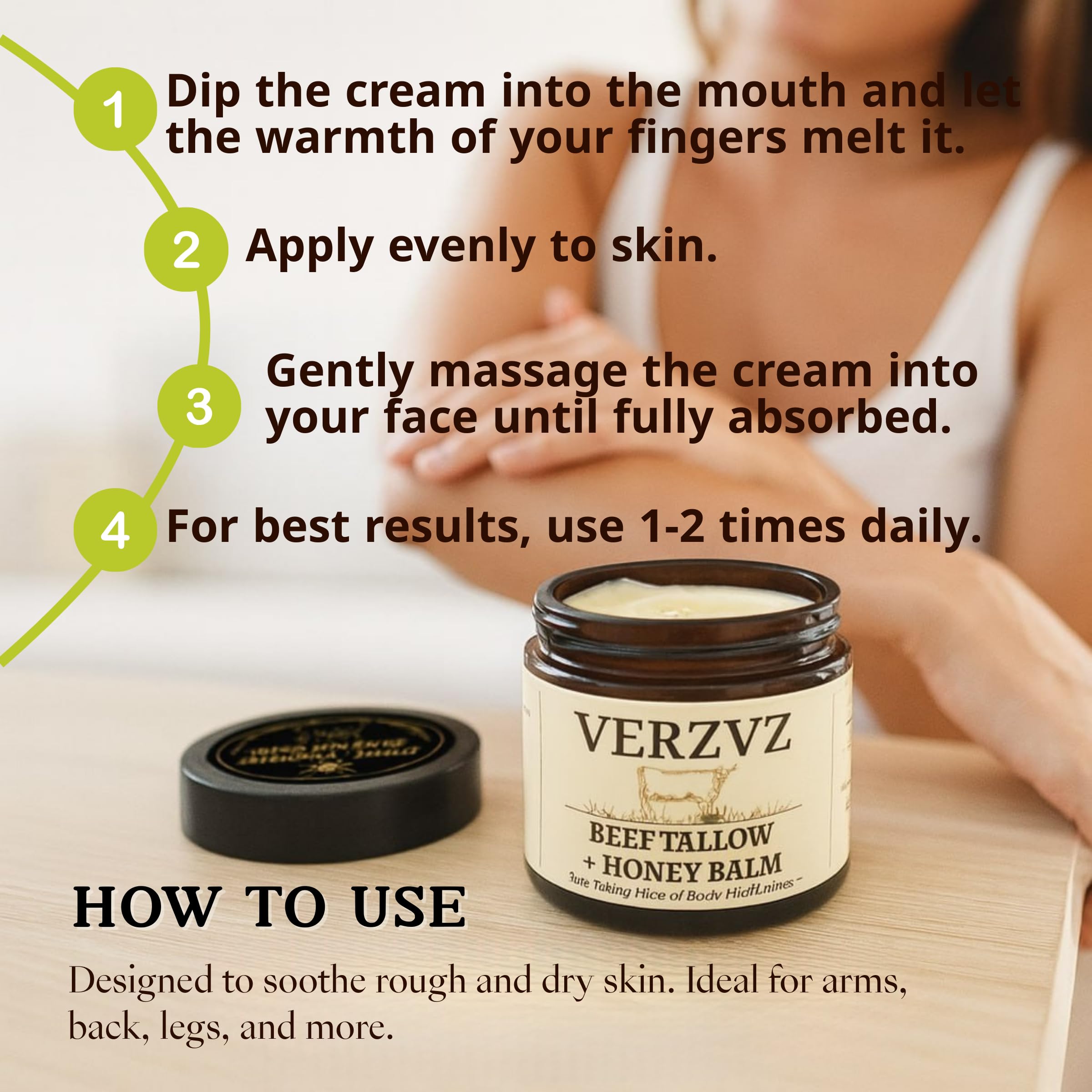 Facial application of VERZVZ beef tallow honey balm on clean skin.