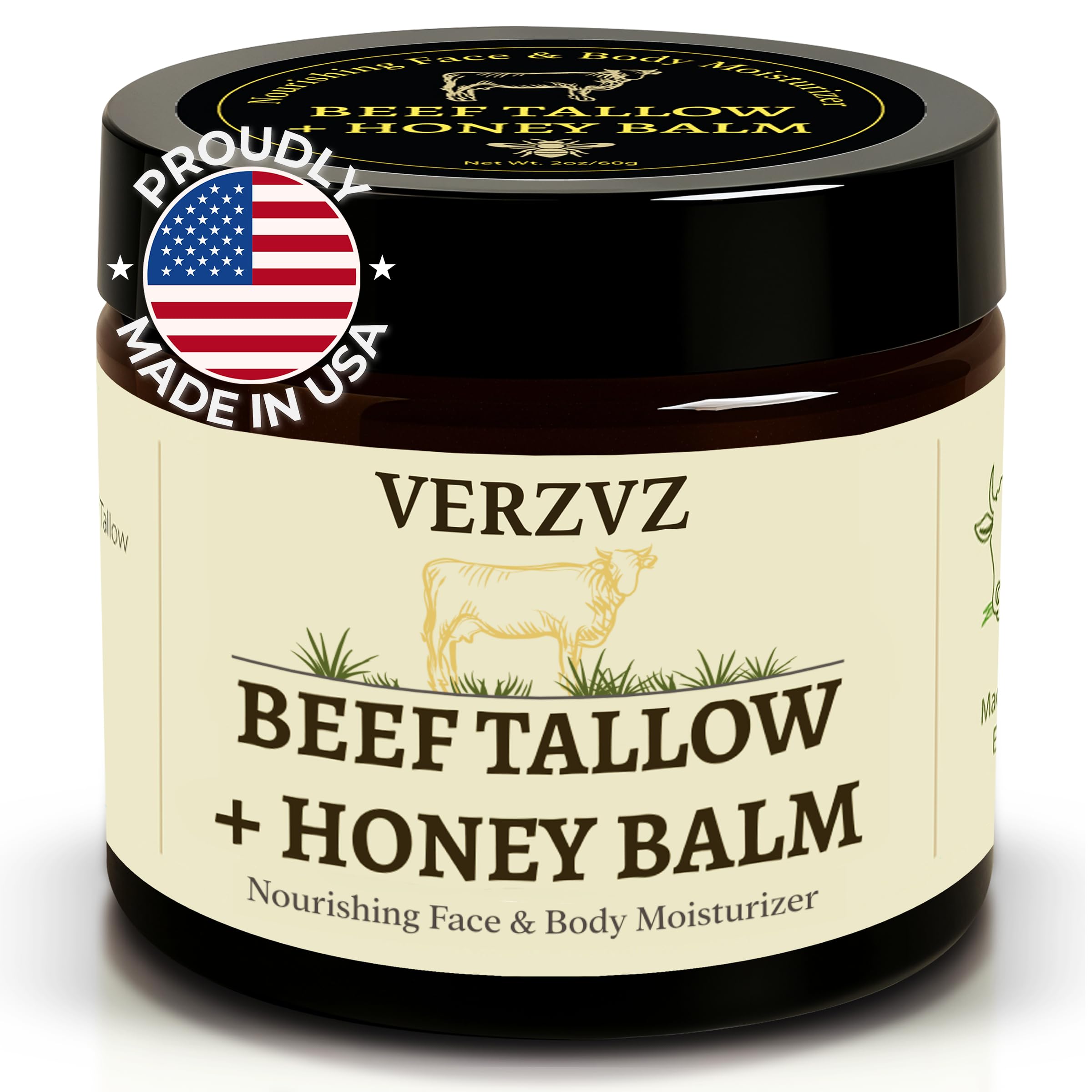 VERZVZ Beef Tallow Honey Balm jar closeup for rich hydration.