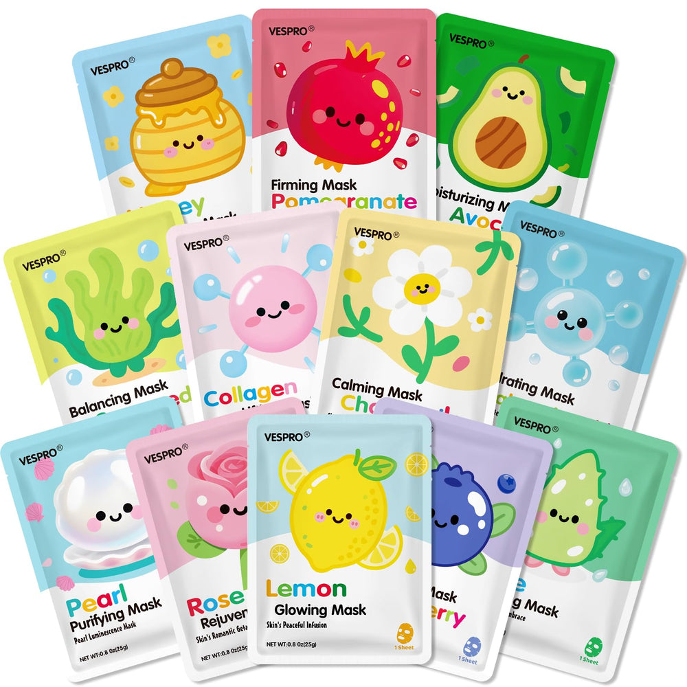 VESPRO 12-pack face masks assortment for hydrated, radiant skin.