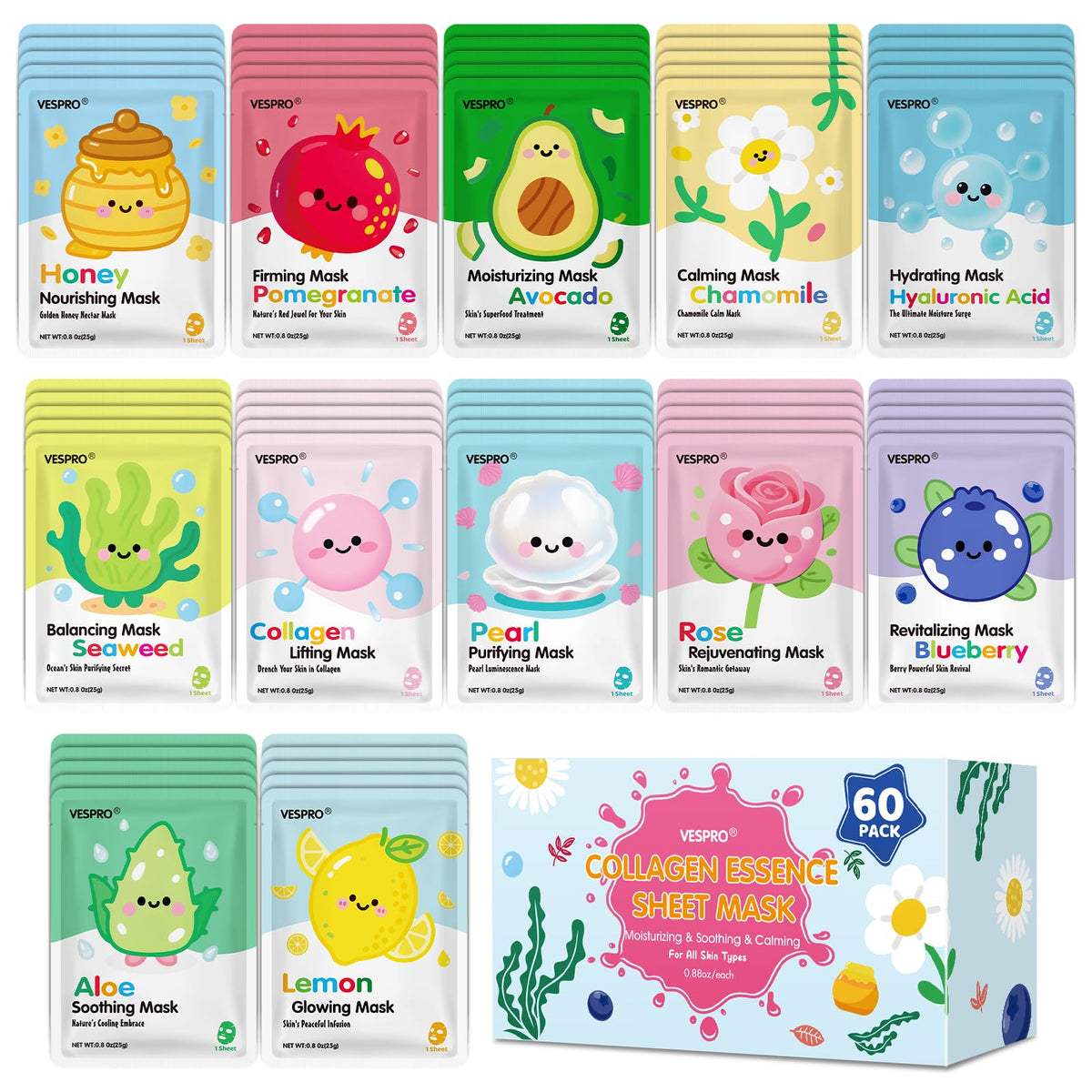 VESPRO 60-pack collagen masks collection for daily hydration