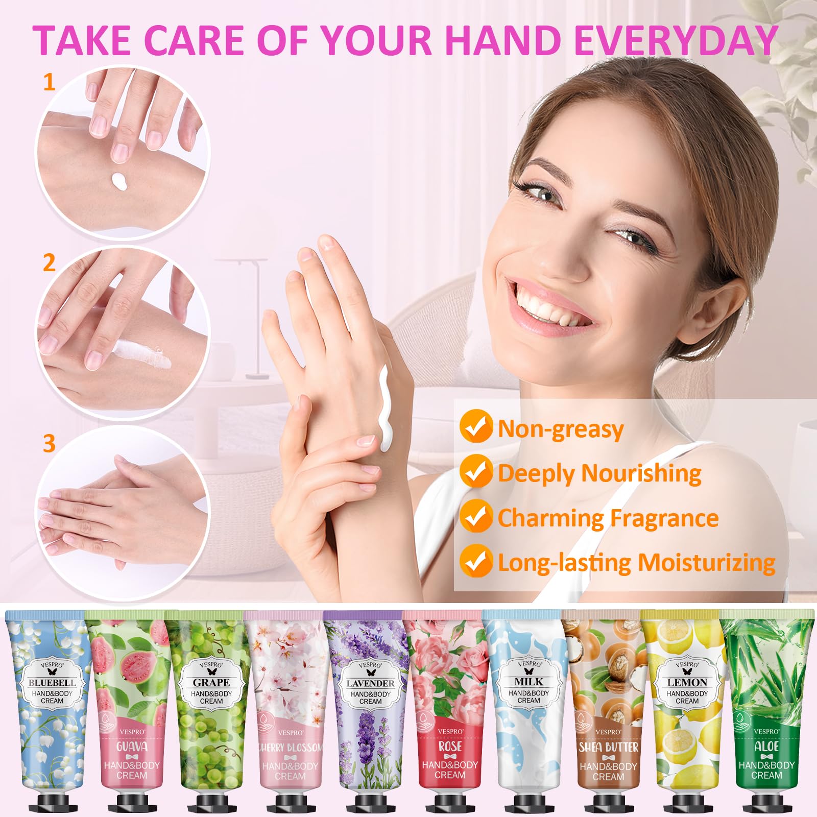 VESPRO 70-pack hand cream set cherry blossom scent conveys a bright, refreshing feel.