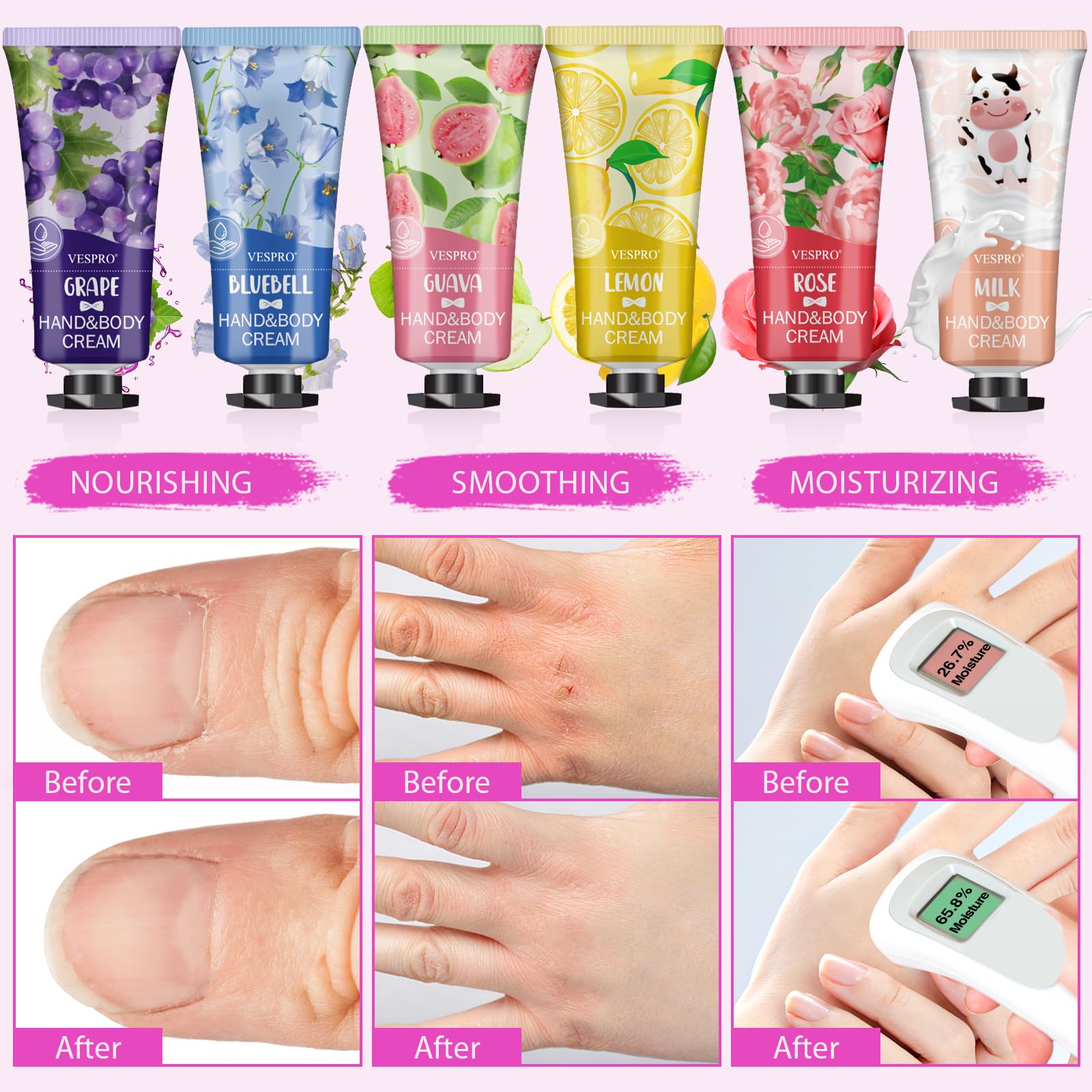 Travel-friendly VESPRO hand cream tubes fit easily into bags and pockets.