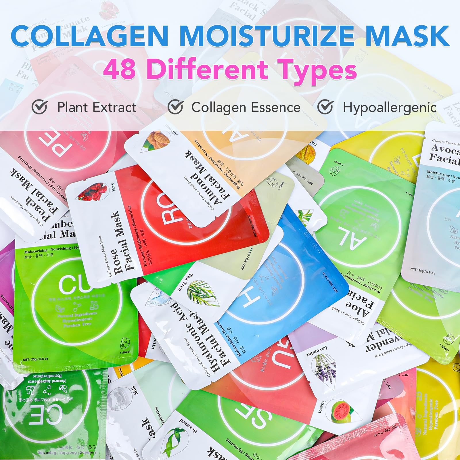 VESPRO Collagen Essence Sheet Mask 48-pack display shows bulk hydration-ready packaging.