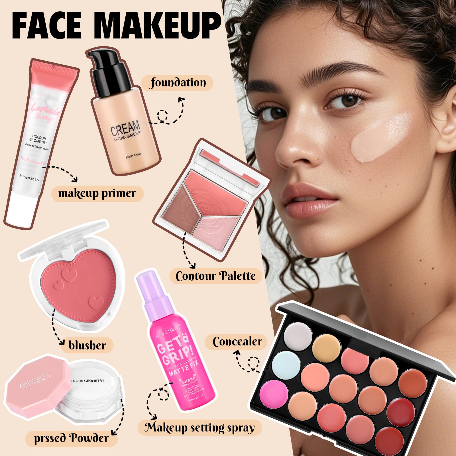 VESPRO concealer palette with 15 tones for soft, seamless coverage.