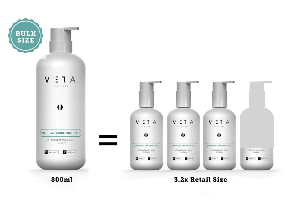 Close-up of Veta conditioner pump demonstrating easy daily use for smoother, thicker-looking hair.